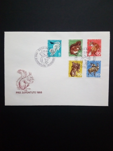 SCHWEIZ MI-NR. 845-849 FDC PRO JUVENTUTE 1966 WILDTIERE(II) FUCHS EICHHÖRNCHEN HASE HÄRMELIN GÄMSE