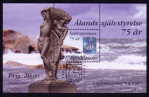 ALAND BLOCK 3 GESTEMPELT(USED) mit Hologramm SELBSTVERWALTUNG 1997 DENKMAL VON MATTI HAUPT