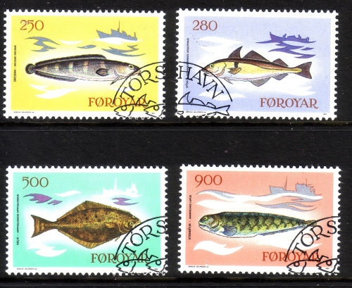 FÄRÖER MI-NR. 86-89 GESTEMPELT(USED) FISCHE SCHELLFISCH SEEWOLF HEILBUTT LUMB