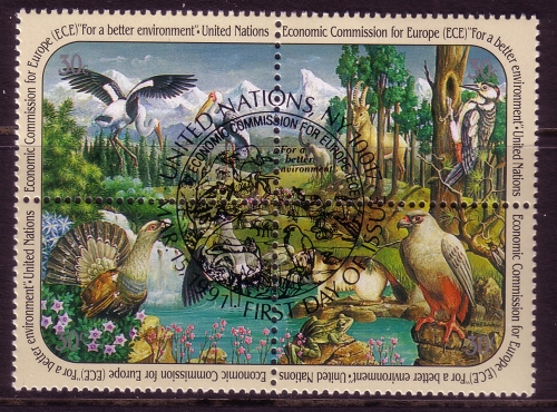 UNO NEW YORK MI-NR. 608-611 GESTEMPELT(USED) MITLÄUFER 1991 ECE STORCH SPECHT FROSCH