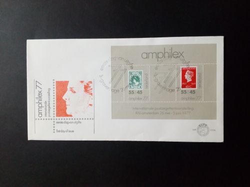NIEDERLANDE BLOCK 16 FDC BRIEFMARKENAUSSTELLUNG AMPHILEX ´77 BRIEFMARKE AUF BRIEFMARKE