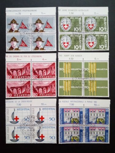 SCHWEIZ MI-NR 768-773 GESTEMPELT(USED) 4er BLOCK JAHRESEREIGNISSE 1963 ROTES KREUZ PFADFINDER POSTKUTSCHE BRÜCKE