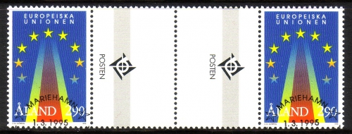 ALAND MI-NR. 99 GESTEMPELT(USED) ZWISCHENSTEGPAAR MIT RAUTE MITLÄUFER 1995 BEITRITT ZUR EU