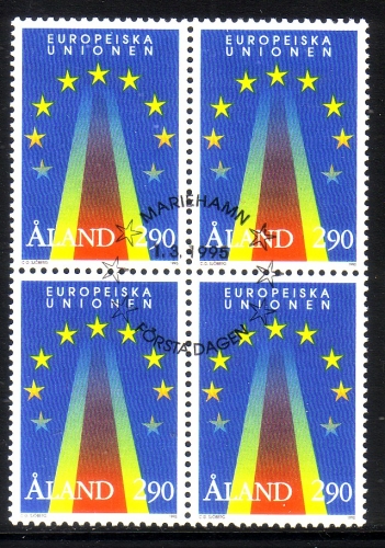 ALAND MI-NR. 99 GESTEMPELT(USED) 4er BLOCK MITLÄUFER 1995 BEITRITT ZUR EUROPÄISCHEN UNION