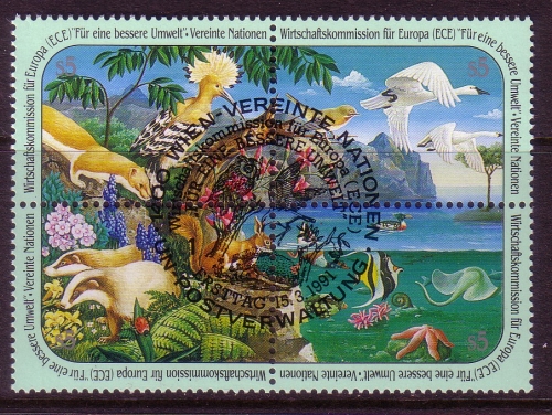 UNO WIEN MI-NR. 110-113 o MITLÄUFER 1991 ECE WIRTSCHAFTSKOMMISSION FÜR EUROPA EICHHÖRNCHEN DACHS ENTE SCHWAN FISCH