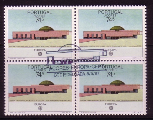 AZOREN MI-NR. 383 GESTEMPELT(USED) 4er BLOCK EUROPA 1987 MODERNE ARCHITEKTUR