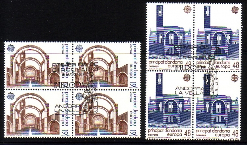 ANDORRA SPANISCH MI-NR. 193-194 GESTEMPELT(USED) 4er BLOCK EUROPA 1987 MODERNE ARCHITEKTUR KIRCHEN