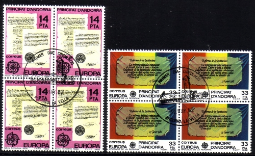 ANDORRA SPANISCH MI-NR. 153-154 GESTEMPELT(USED) 4er BLOCK EUROPA 1982 HISTORISCHE EREIGNISSE