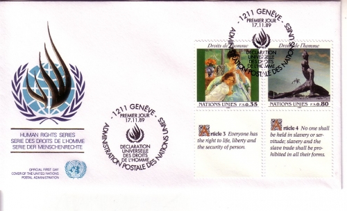 UNO GENF MI-NR. 180-181 3 FDC MENSCHENRECHTE 1989 STATUE GEMÄLDE