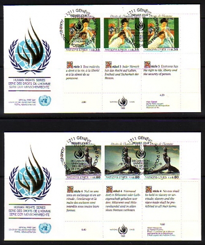 UNO GENF MI-NR. 180-181 FDC 3er STREIFEN MENSCHENRECHTE 1989 STATUE GEMÄLDE
