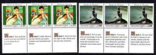 UNO GENF MI-NR. 180-181 POSTFRISCH(MINT) 3er STREIFEN MENSCHENRECHTE 1989 STATUE GEMÄLDE