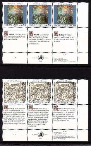 UNO GENF MI-NR. 192-193 POSTFRISCH(MINT) 3er BLOCK RECHTS UNTEN MENSCHENRECHTE (II) 1990 van GOGH, ALBRECHT DÜRER
