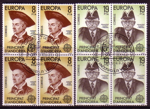 ANDORRA SPANIISCH MI-NR. 131-132 GESTEMPELT(USED) 4er BLOCK EUROPA 1980 PERSÖNLICHKEITEN ROSELI SCHRIFTSTELLER