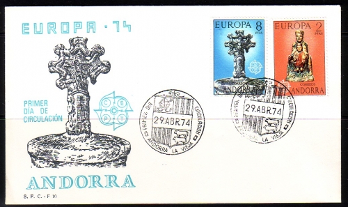 ANDORRA SPANISCH MI-NR. 88-89 FDC EUROPA CEPT 1974 SKULPTUREN MADONNA