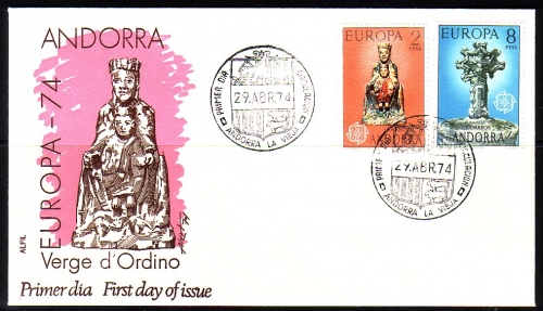 ANDORRA SPANISCH MI-NR. 88-89 FDC CEPT 1974 SKULPTUREN MADONNA