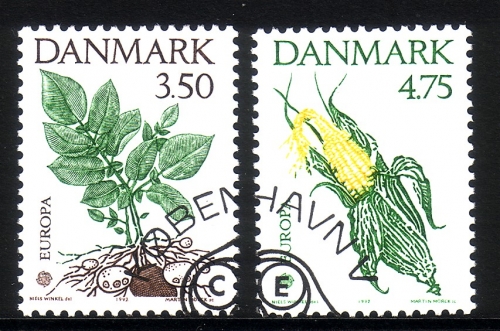 DÄNEMARK MI-NR. 1025-1026 GESTEMPELT(USED) EUROPA 1992 ENTDECKUNG AMERIKAS KARTOFFELPFLANZE MAISKOLBEN
