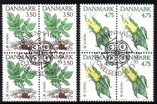 DÄNEMARK MI-NR. 1025-1026 GESTEMPELT(USED) 4er BLOCK EUROPA 1992 ENTDECKUNG AMERIKAS KARTOFFELPFLANZE MAISKOLBEN
