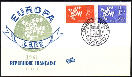 FRANKREICH MI-NR. 1363-1364 FDC CEPT 1961 TAUBE STEMPEL STRASBOURG