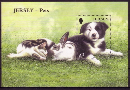 JERSEY BLOCK 41 POSTFRISCH(MINT) BELIEBTE HAUSTIERE KATZE HUND KANINCHEN