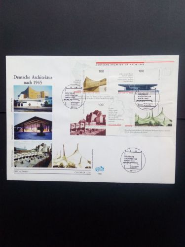 DEUTSCHLAND BLOCK 37 FDC(FIDACOS) DEUTSCHE ARCHITEKTUR NACH 1945PHILHARMONIE NATIONALGALERIE WALLFAHRTSKIRCHE 1997