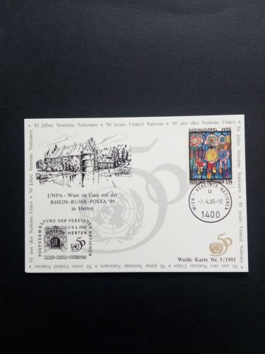 UNO WIEN MI-NR. 179 GESTEMPELT(USED) HUNDERTWASSER AUF AUSSTELLUNGSKARTE SOZIALGIPFEL 1995