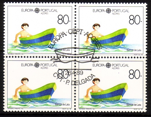 AZOREN MI-NR. 401 GESTEMPELT(USED) 4er BLOCK EUROPA 1989 KINDERSPIELE BOOT