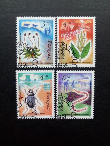 FÄRÖER MI-NR. 211-214 GESTEMPELT(USED) PFLANZEN UND TIERE REGENWURM KÄFER AMPFER