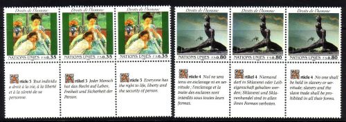 UNO GENF MI-NR. 180-181 POSTFRISCH(MINT) 3er STREIFEN MENSCHENRECHTE 1989 STATUE GEMÄLDE