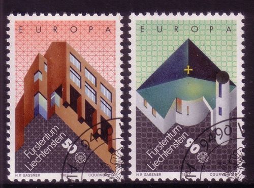 LIECHTENSTEIN MI-NR. 916-917 GESTEMPELT(USED) EUROPA 1987 MODERNE ARCHITEKTUR PFARRKIRCHE SCHELLENBERG