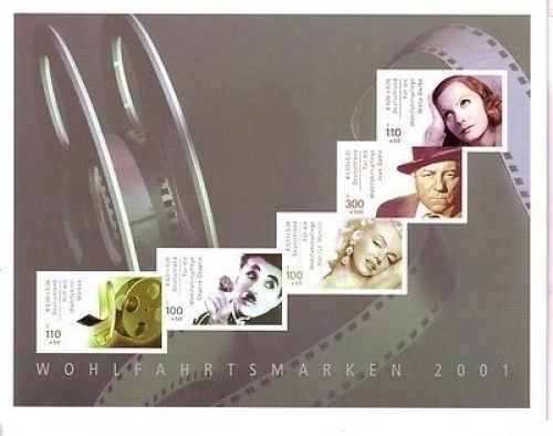 DEUTSCHLAND MH 46 GESTEMPELT(USED) WOHLFAHRTSMARKEN 2001 FILMSCHAUSPIELER CHAPLIN MONROE GABIN