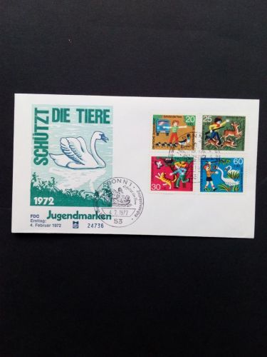 DEUTSCHLAND MI-NR. 711-714 FDC JUGEND 1972 TIERSCHUTZ KATZE ENTE SCHWAN STEMPEL BONN