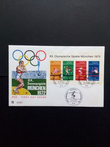 DEUTSCHLAND BLOCK 8 FDC SOMMEROLYMPIADE MÜNCHEN 1972 BASKETBALL LEICHTATHLIETIK STEMPEL BONN