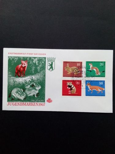 BERLIN MI-NR. 299-302 FDC JUGEND 1967 PELZTIERE FUCHS HAMSTER WIESEL KANINCHEN