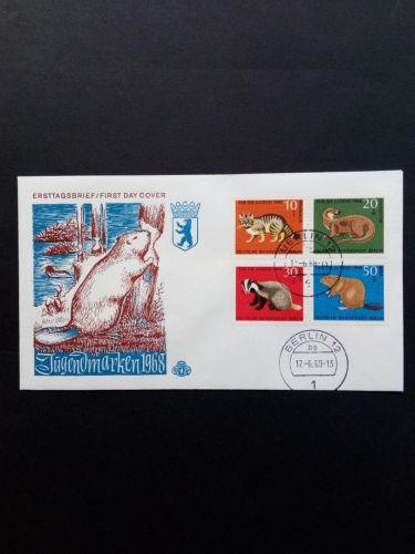 BERLIN MI-NR. 316-319 AUF BRIEF JUGEND 1968 BEDROHTE TIERE WILDKATZE BIBER FISCHOTTER DACHS