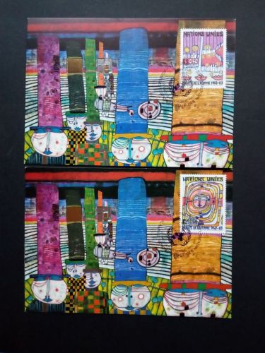 UNO GENF MI-NR. 117-118 AUF 2 MAXIMUMKRTEN ALLGEMEINE ERKLÄRUNG DER MENSCHENRECHTE HUNDERTWASSER 1983