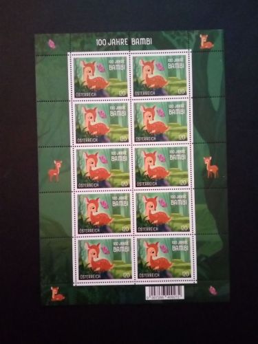 ÖSTERREICH MI-NR. 3746 POSTFRISCH(MINT) KLEINBOGEN 100 JAHRE BAMBI 2023