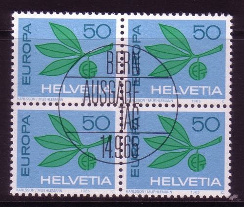 SCHWEIZ MI-NR. 825 GESTEMPELT(USED) 4er BLOCK EUROPA 1965 ZWEIG