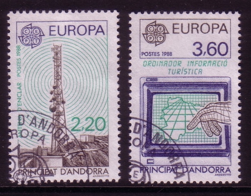 ANDORRA FRANZÖSISCH MI-NR. 390-391 GESTEMPELT(USED) EUROPA 1988 TRANSPORT- UND KOMMUNIKATIONSMITTEL FUNKTURM COMPUTER