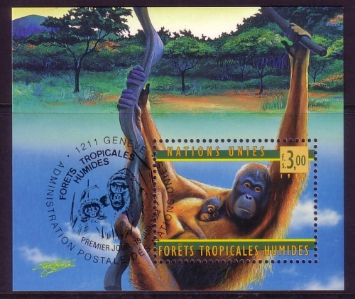 UNO GENF BLOCK 10 GESTEMPELT(USED) 50 JAHRE WHO ORANG-UTAN 1998