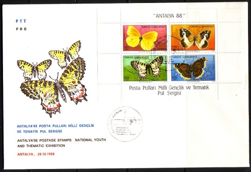 TÜRKEI BLOCK 26 FDC SCHMETTERLINGE ZITRONENFALTER BRIEFMARKENAUSSTELLUNG ANTALYA 88
