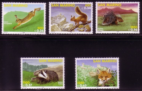 SAN MARINO MI-NR. 1845-1849 POSTFRISCH(MINT) EINHEIMISCHE SÄUGETIERE 1999 HASE FUCHS EICHHÖRNCHEN DACHS