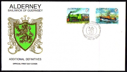 ALDERNEY MI-NR. 59-60 FDC ANSICHTEN EISENBAHN SEENOTRETTUNGSKREUZER