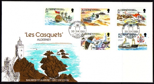 ALDERNEY MI-NR. 49-53 FDC LEUCHTFEUER 1991 LEUCHTTURM SCHIFFE