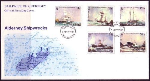 ALDERNEY MI-NR. 32-36 FDC SCHIFFE SCHIFFWRACKS 1987