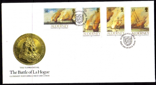 ALDERNEY MI-NR. 55-58 FDC SEESCHLACHT von LA HOGUE - SCHIFFE 1992