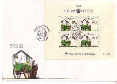 AZOREN BLOCK 9 FDC EUROPA 1988 TRANSPORTMITTEL KUTSCHE MIT PFERD