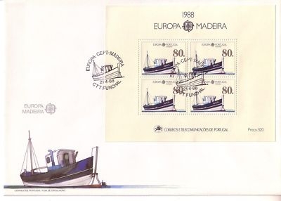 MADEIRA BLOCK 9 FDC EUROPA 1988 TRANSPORTMITTEL SCHIFF