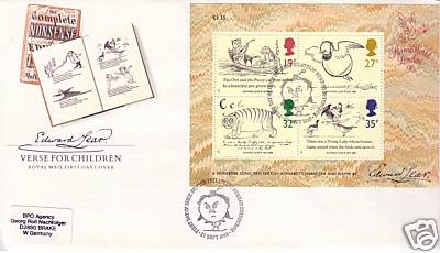 GROSSBRITANNIEN BLOCK 4 FDC EDWARD LEAR EULE KATZE