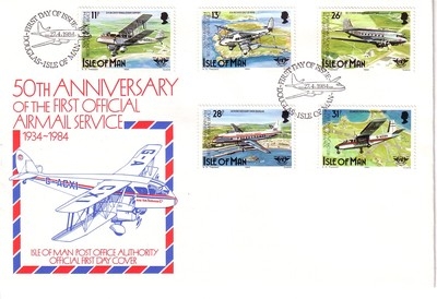 ISLE OF MAN MI-NR. 256-260 FDC 50 JAHRE FLUGPOSTVERBINDUNG FLUGZEUGE