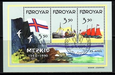 FÄRÖER BLOCK 4 GESTEMPELT(USED) 50 JAHRE FLAGGE VON FÄRÖER 1990 DAMPFSCHIFF